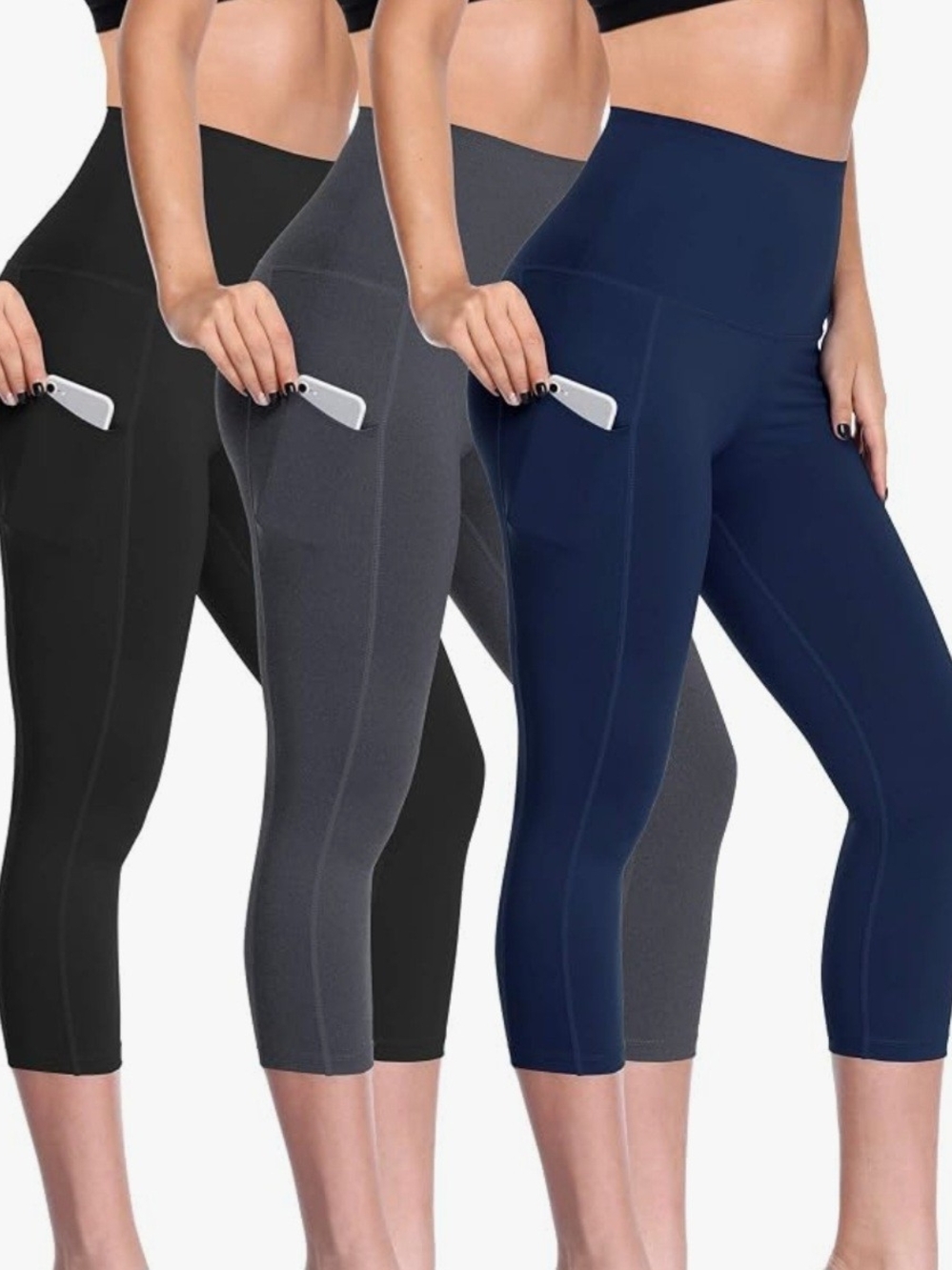 High-Waist Capri Running Pants Leggings - Black, Gray & Navy